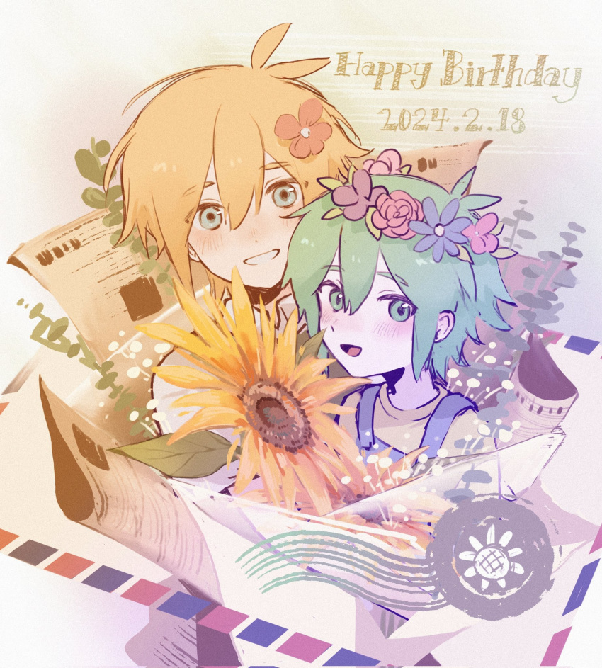 2boys basil_(faraway)_(omori) basil_(headspace)_(omori) basil_(omori) blonde_hair blue_eyes blue_overalls blush colored_skin dated flower green_eyes green_hair green_sweater_vest hair_flower hair_ornament happy_birthday head_wreath highres looking_at_viewer multiple_boys omori open_mouth overalls parted_lips shirt short_hair smile sunflower sweater_vest vb4but white_shirt white_skin yellow_shirt