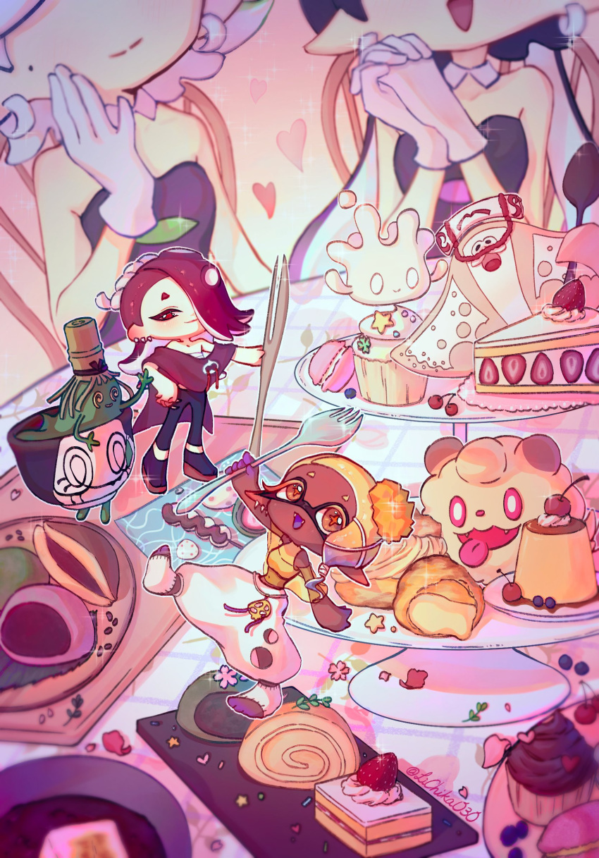 1boy 4girls :d artist_name bare_shoulders big_man_(splatoon) black_dress black_hair black_pants blonde_hair bright_pupils cake chest_sarashi closed_mouth clothing_cutout collar colored_eyelashes commentary_request crop_top cropped_shirt cupcake custard dango detached_collar dress earrings fangs floating food fork frye_(splatoon) gloves gradient_hair hachimaki hand_on_own_hip harem_pants head_out_of_frame headband heart highres holding holding_fork holding_knife holding_spoon hoop_earrings jewelry knife long_pointy_ears lqk_jing_jia macaron marie_(splatoon) medium_hair midriff milcery mochi multicolored_hair multiple_girls navel nejiri_hachimaki open_mouth own_hands_together pants pink_eyes plate pointy_ears pokemon pokemon_(creature) pudding purple_hair red_eyes sarashi shawl shirt shiver_(splatoon) sinistcha sleeveless sleeveless_shirt smile sparkle splatoon_(series) splatoon_3 spoon standing standing_on_one_leg strapless strapless_dress strawberry_shortcake swirlix table thick_eyebrows tooth_earrings twitter_username two-tone_hair wagashi whipped_cream white_collar white_gloves white_hair white_pants white_pupils yellow_eyes yellow_pupils yellow_shawl yellow_shirt