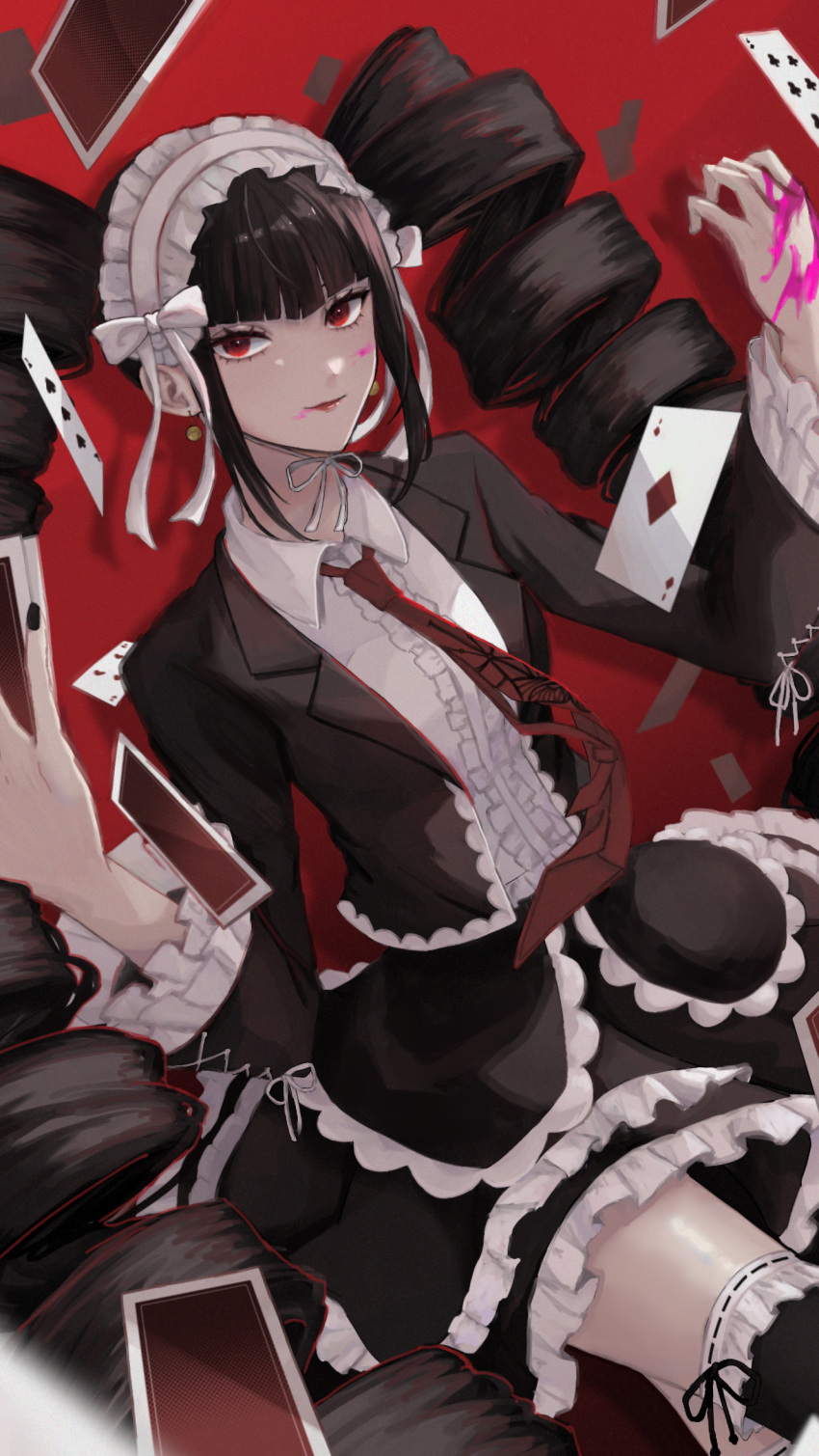1girl aimomushi black_hair blood bonnet card celestia_ludenberg center_frills cowboy_shot danganronpa:_trigger_happy_havoc danganronpa_(series) drill_hair earrings frills gothic_lolita highres jacket jewelry layered_skirt lolita_fashion long_hair long_sleeves looking_at_viewer necktie pink_blood playing_card red_background red_eyes red_necktie revision shiny_skin shirt skirt smile solo thigh-highs twin_drills twintails