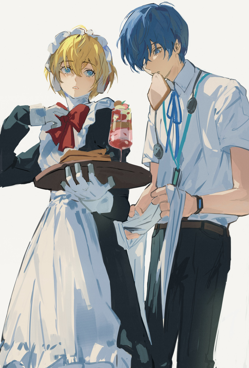1boy 1girl absurdres adjusting_another's_clothes aegis_(persona) apron black_dress black_pants blonde_hair blue_eyes blue_hair blue_ribbon bow bowtie bread bread_slice collared_shirt dress food food_in_mouth gloves grey_background hair_over_one_eye highres holding holding_tray long_sleeves maid maid_headdress mouth_hold neck_ribbon ooc_(sylyaoh) pants parted_lips persona persona_3 red_bow red_bowtie ribbon shirt short_hair short_sleeves simple_background toast toast_in_mouth tray white_apron white_gloves white_shirt yuuki_makoto_(persona_3)
