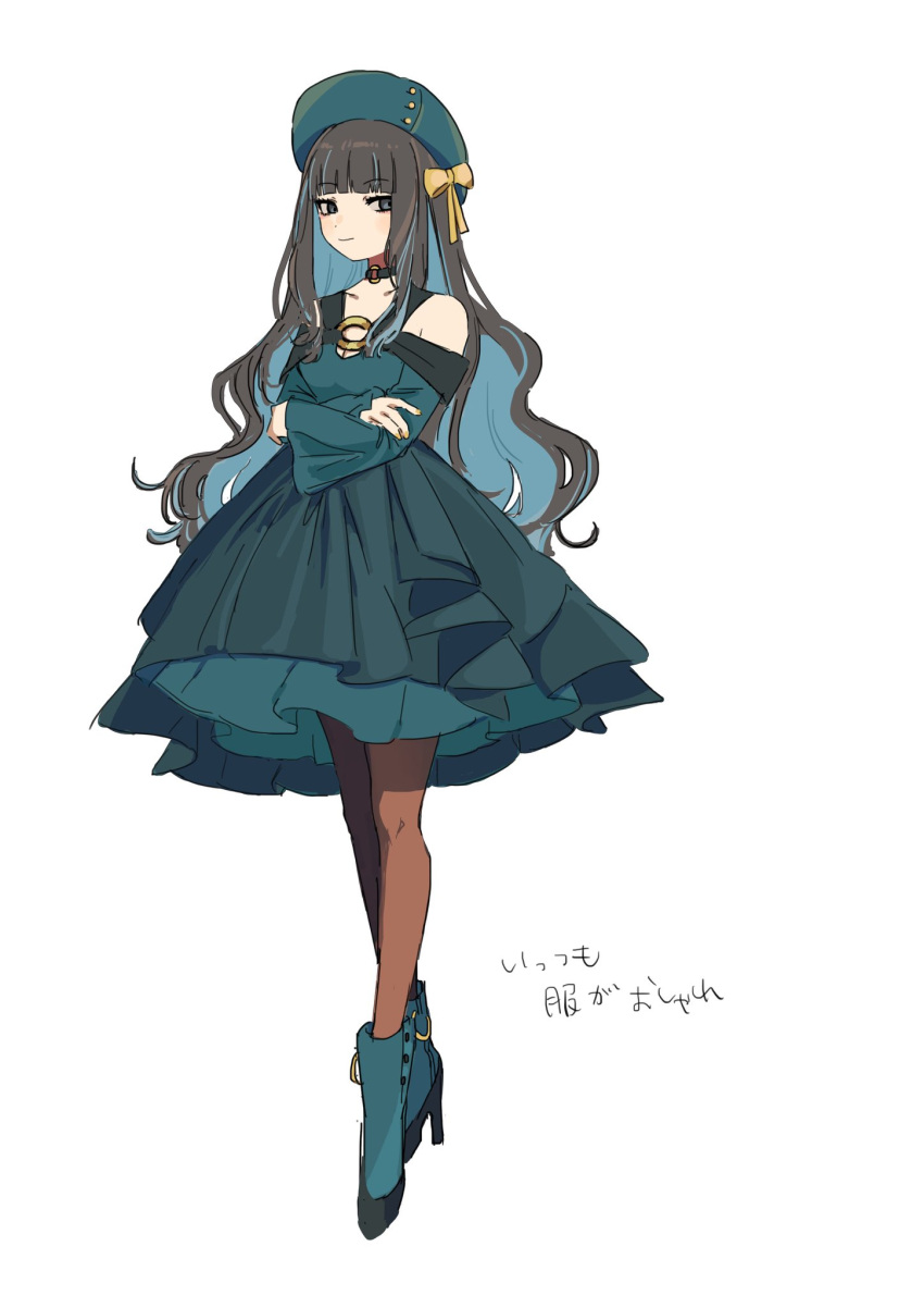 1girl alternate_costume aqua_dress aqua_footwear aqua_headwear beret black_hair blue_hair bow choker closed_mouth colored_inner_hair crossed_arms dress fate/grand_order fate_(series) full_body grey_eyes hair_bow hat high_heels highres kaigan0211 long_hair looking_at_viewer multicolored_hair o-ring o-ring_choker pantyhose simple_background smile solo tenochtitlan_(fate) two-tone_hair white_background yellow_bow