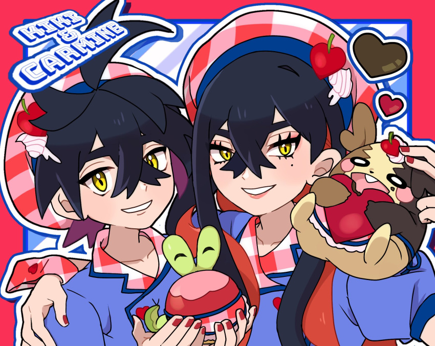 1boy 1girl applin beret black_hair brother_and_sister buttons carmine_(pokemon) character_name collarbone colored_inner_hair commentary_request crossed_bangs eyelashes fu_(tk1189227dhy) grin hair_between_eyes hand_on_another's_shoulder hands_up hat heart highres kieran_(pokemon) morpeko morpeko_(full) multicolored_hair nail_polish plaid_headwear pokemon pokemon_(creature) pokemon_sv red_nails short_sleeves siblings smile teeth upper_body yellow_eyes