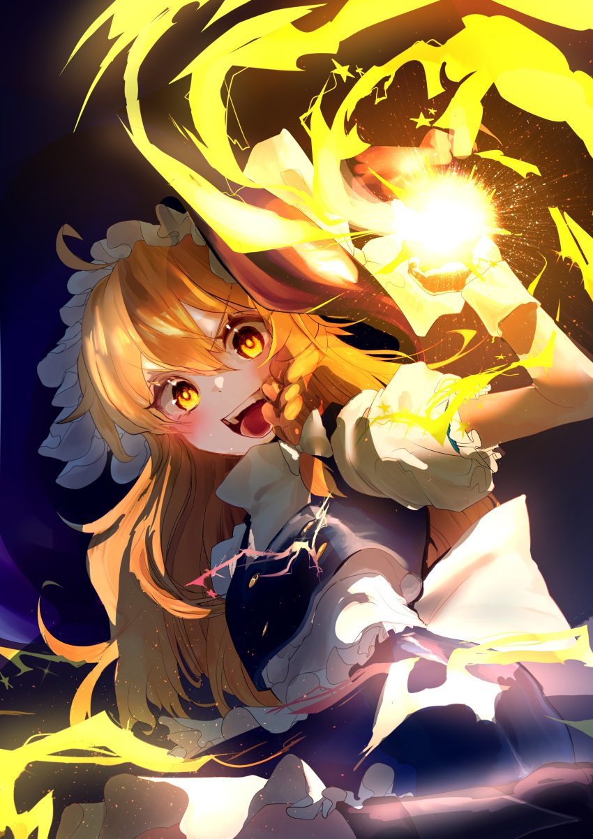 1girl :d absurdres back_bow black_skirt black_vest blonde_hair blush bow braid casting_spell commentary_request cowboy_shot fighting_stance frilled_skirt frills hair_between_eyes hair_bow hand_up highres kirisame_marisa light_particles long_hair looking_at_viewer magic mukuro669966 open_mouth puffy_short_sleeves puffy_sleeves shirt short_sleeves single_braid skirt smile solo star_(symbol) teeth touhou v-shaped_eyebrows vest white_bow white_shirt white_wrist_cuffs wide-eyed wrist_cuffs yellow_eyes