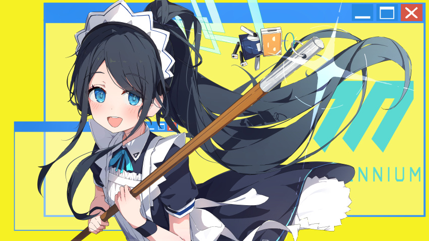 &lt;key&gt;_(robot)_(blue_archive) 1girl absurdly_long_hair absurdres apron aris_(blue_archive) aris_(maid)_(blue_archive) black_dress black_hair blue_archive blue_eyes blush dress green_halo halo highres long_hair looking_at_viewer maid maid_apron maid_headdress official_alternate_costume open_mouth ponytail revision ringed_eyes short_sleeves simple_background smile solo spice_mega very_long_hair white_apron yellow_background