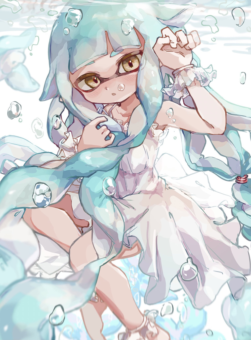 1girl :o blue_hair bubble dress frilled_dress frilled_wristband frills highres inkling_girl inkling_player_character long_hair looking_at_viewer low-tied_long_hair open_mouth parted_lips solo splatoon_(series) tentacle_hair thick_eyebrows underwater very_long_hair white_dress yellow_eyes yksb_inc6