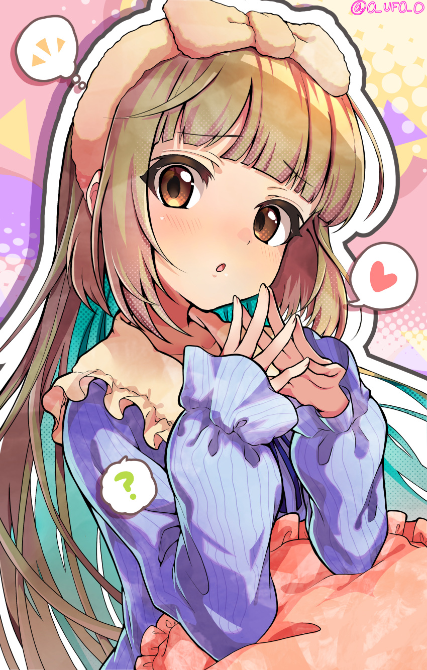 1girl :o ? absurdres adamusuki_(user_aahn7557) aqua_hair blue_pajamas blunt_bangs blush bow brown_eyes brown_hair colored_inner_hair commentary_request eyelashes frilled_pillow frills hair_bow hands_up heart highres idolmaster idolmaster_cinderella_girls long_hair looking_at_viewer multicolored_background multicolored_hair notice_lines open_mouth pajamas pillow pink_bow sidelocks simple_background sleeves_past_wrists solo speech_bubble spoken_heart spoken_notice_lines spoken_question_mark steepled_fingers thought_bubble towel towel_on_head twitter_username upper_body very_long_hair yorita_yoshino