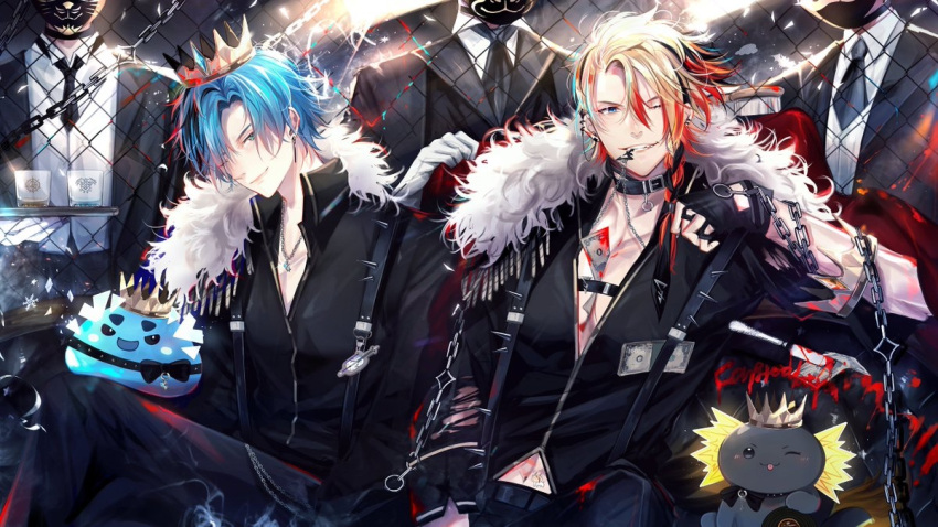 5boys alternate_costume altventurer_(regis_altare) axel_syrios axelotl_(axel_syrios) black_necktie black_shirt blonde_hair blue_eyes blue_hair blush bow bowtie butler chain cloak collar crossed_legs crown crown_(artist) earrings english_commentary fur-trimmed_cloak fur_trim gloves green_eyes grin hair_between_eyes holding holding_tray holostars holostars_english jewelry looking_at_viewer male_focus mask money multiple_boys necklace necktie one_eye_closed redhead regis_altare shirt short_hair sitting slime_(creature) smile spikes suspenders tongue tongue_out tray virtual_youtuber white_gloves