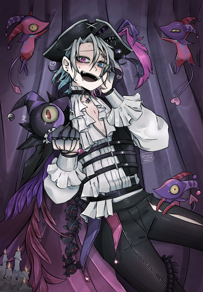 1boy bettelion_(gavis_bettel) black_choker black_pants blue_eyes blue_hair candle choker creature drooling earrings english_commentary frilled_shirt frills gavis_bettel gavis_bettel_(2nd_costume) gradient_skin grey_hair hair_between_eyes hat hat_feather heart heterochromia highres holostars holostars_english jewelry looking_at_viewer male_focus multicolored_hair multiple_rings official_alternate_costume official_alternate_hairstyle open_mouth pants phantom_(gavis_bettel) pink_eyes pink_hair purple_curtains rainycoffeebean ring saliva shiny_clothes shirt solo_focus sweat virtual_youtuber white_shirt