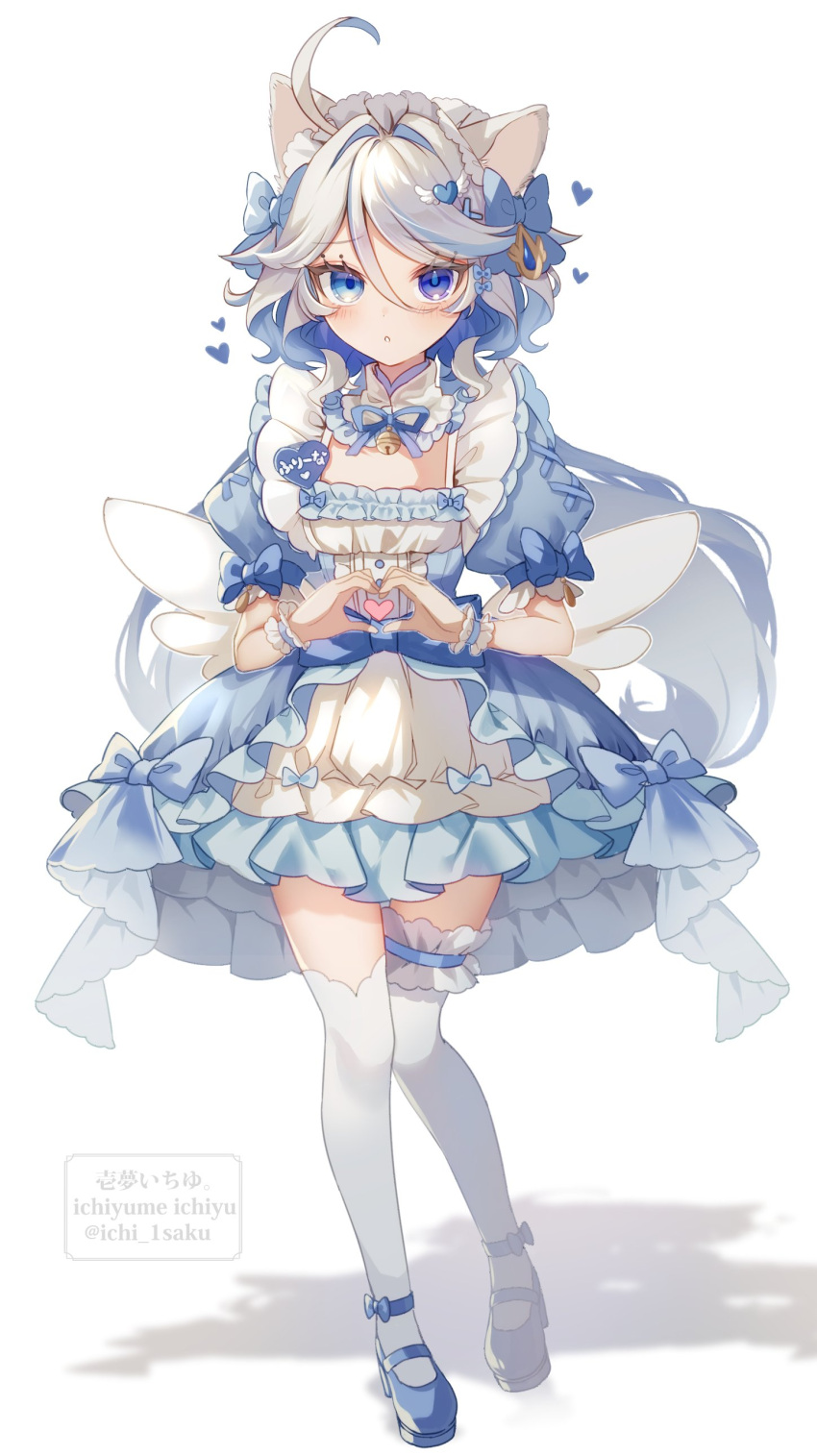 1girl absurdres ahoge alternate_costume animal_ears artist_name bell blue_bow blue_dress blue_eyes blue_footwear blue_gemstone blue_hair blue_ribbon bow buttons cat_ears commentary_request dress dress_bow drop-shaped_pupils fake_wings footwear_bow frills full_body furina_(genshin_impact) gem genshin_impact gold_trim grey_hair hair_between_eyes hair_bow hair_ornament hands_up headdress heart heart_hair_ornament heart_hands heterochromia highres ichiyume_ichiyu kemonomimi_mode long_hair looking_at_viewer mismatched_pupils multicolored_hair neck_bell neck_ribbon puffy_short_sleeves puffy_sleeves ribbon shadow shoes short_sleeves sidelocks simple_background solo standing symbol-shaped_pupils teeth thigh-highs two-tone_dress two-tone_hair watermark white_background white_dress white_headdress white_thighhighs wings wrist_cuffs x_hair_ornament