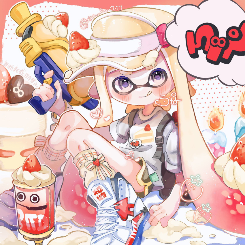 1girl artist_name cake candle chocolate commentary food fruit gradient_hair gun heart high_tops highres holding holding_gun holding_weapon inkling_(language) inkling_girl inkling_player_character long_hair looking_at_viewer multicolored_hair pointy_ears print_shirt redhead shirt shoes sitting sneakers socks solo splatoon_(series) splatoon_3 splattershot_(splatoon) strawberry suction_bomb_(splatoon) symbol-only_commentary tentacle_hair thick_eyebrows twitter_username two-tone_hair una_ku_277 very_long_hair violet_eyes weapon whipped_cream white_footwear white_hair white_headwear white_shirt white_socks