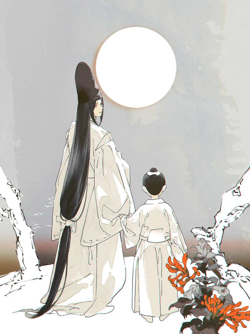2boys absurdly_long_hair bird black_hair child chinese_commentary chonmage closed_mouth clothes_grab english_commentary facing_away flower from_behind fujiwara_no_sai full_moon gradient_sky hakama hat highres hikaru_no_go honninbou_shuusaku japanese_clothes kariginu long_hair looking_at_viewer looking_back low-tied_long_hair male_focus mixed-language_commentary moon multiple_boys nature partially_colored red_flower sky sleeves_past_fingers sleeves_past_wrists smile standing tate_eboshi topknot very_long_hair wisda