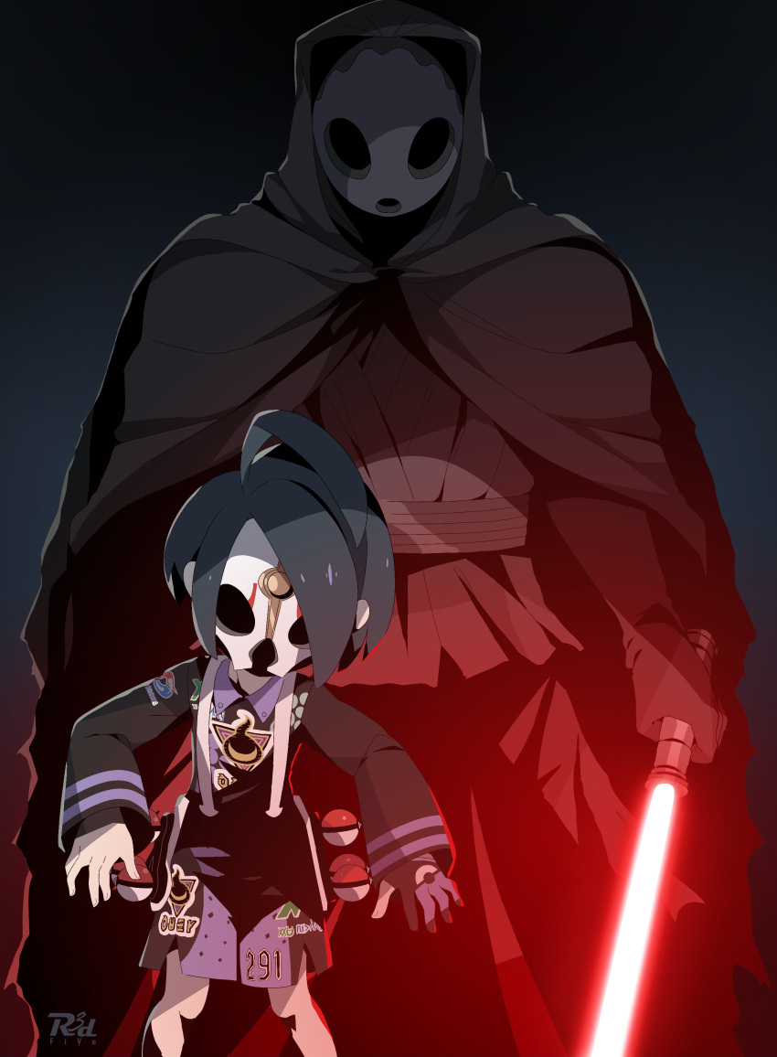 2boys absurdres ahoge allister_(pokemon) black_hair cloak collared_shirt crossover darth_nihilus energy_sword facing_viewer gloves grey_background highres holding_lightsaber holster hunched_over lightsaber long_sleeves male_focus mask multiple_boys partially_fingerless_gloves poke_ball poke_ball_(basic) pokemon pokemon_swsh r3dfive red_lightsaber shirt short_hair shorts side_slit side_slit_shorts single_glove sith star_wars star_wars:_knights_of_the_old_republic suspenders sword weapon
