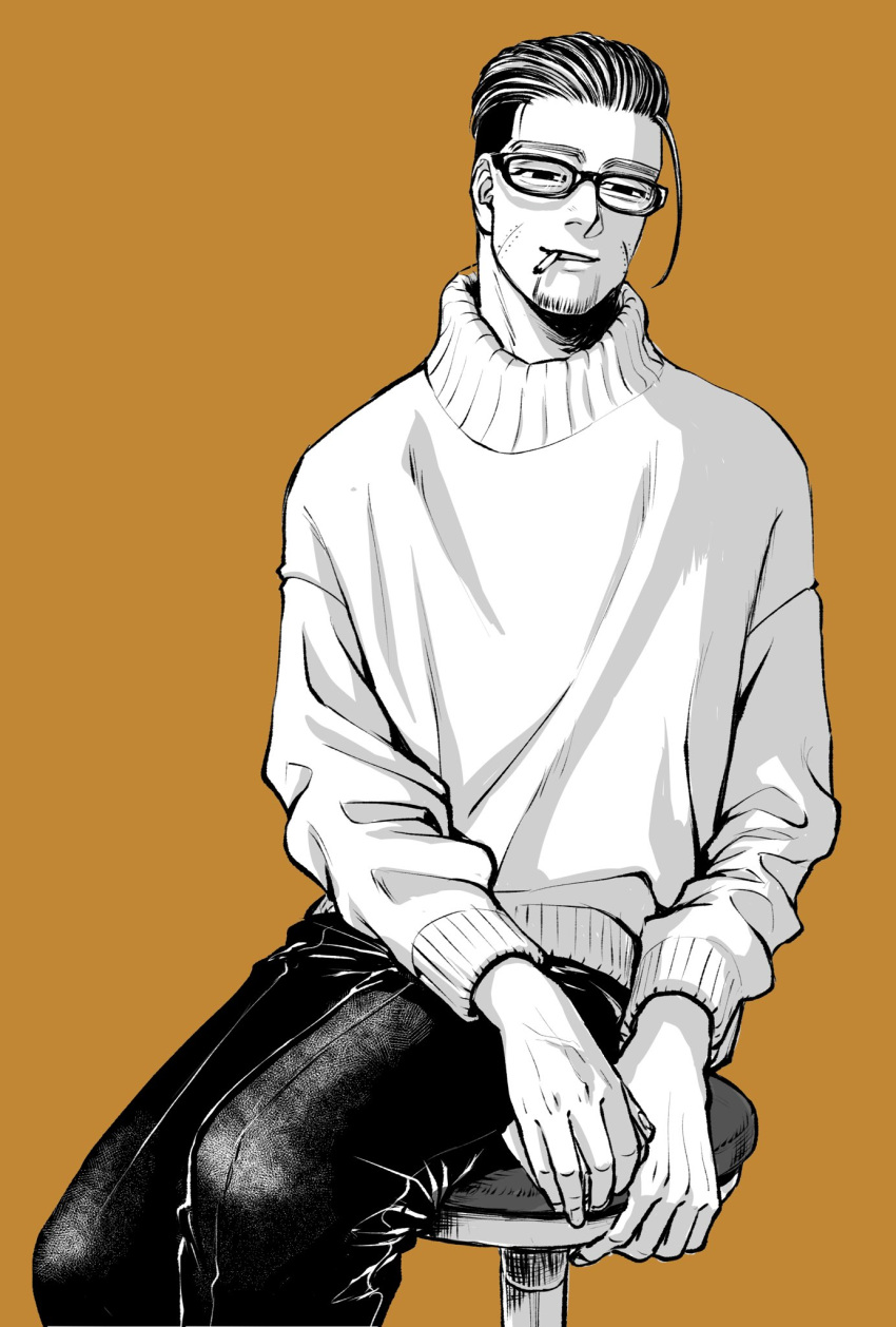 1boy 3kaku_mimi bespectacled casual cigarette facial_hair glasses golden_kamuy hair_slicked_back highres long_sleeves looking_at_viewer male_focus monochrome mouth_hold ogata_hyakunosuke orange_background pants scar scar_on_cheek scar_on_face short_hair sitting solo stool stubble sweater