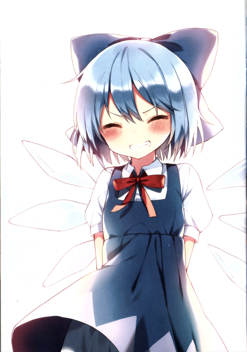 1girl absurdres arms_behind_back bloomers blue_bow blue_dress blue_hair blush bow bowtie cirno closed_eyes collared_shirt dress fairy fang hair_between_eyes hair_bow highres ice ice_wings large_bow pinafore_dress puffy_short_sleeves puffy_sleeves red_bow red_bowtie scan shirt shnva short_hair short_sleeves simple_background sleeveless sleeveless_dress smile solo standing teeth touhou v-shaped_eyebrows white_background white_bloomers white_shirt wings