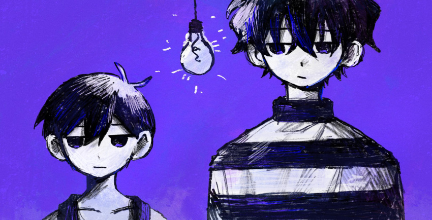2boys :/ antenna_hair closed_mouth crossover expressionless hair_between_eyes hanging_light height_difference highres jack-o'_ran-tan jitome light_bulb looking_at_another looking_to_the_side male_focus monochrome multiple_boys napoli_no_otokotachi omori omori_(omori) purple_theme short_hair side-by-side simple_background striped_clothes striped_sweater suuno_kamibukuro sweater tank_top