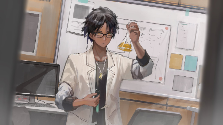 1boy arknights black_hair black_shirt brown_coat chair coat commentary dark-skinned_male dark_skin erlenmeyer_flask flask frown glasses highres holding holding_flask holding_test_tube jewelry male_focus messy_hair mikeneko90 monitor necklace pov rectangular_eyewear shirt short_hair sleeves_rolled_up solo test_tube thorns_(arknights) upper_body whiteboard yellow_eyes
