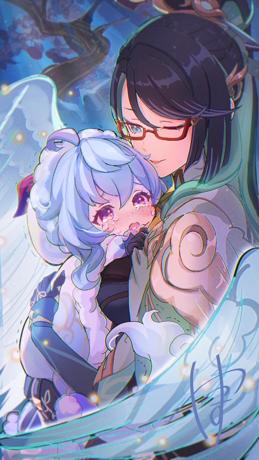 2girls aged_down ahoge aqua_eyes aratakosu_(tako's) black_gloves black_hair blue_hair blush breasts cape cloud_retainer_(genshin_impact) colored_inner_hair comforting commentary_request crying crying_with_eyes_open earrings fur-trimmed_cape fur-trimmed_headwear fur-trimmed_hood fur_trim ganyu_(genshin_impact) ganyu_(young)_(genshin_impact) genshin_impact gloves goat_horns hair_between_eyes highres hood horns jewelry long_hair motherly multicolored_hair multiple_girls official_alternate_costume red-framed_eyewear semi-rimless_eyewear sidelocks tears two-tone_hair winter_clothes xianyun_(genshin_impact)