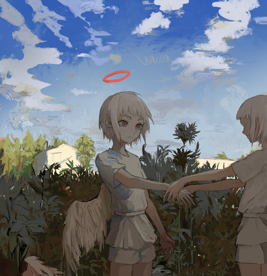 2girls androgynous angel angel_wings blue_sky brown_eyes building clouds cowboy_shot day detached_wings expressionless field from_side halo hand_grab highres multiple_girls no_eyes original outdoors outstretched_arms red_halo scenery shirt short_bangs short_hair short_sleeves shorts single_wing skkc_128 sky smile standing torn_wings tree white_hair white_shirt white_shorts wings