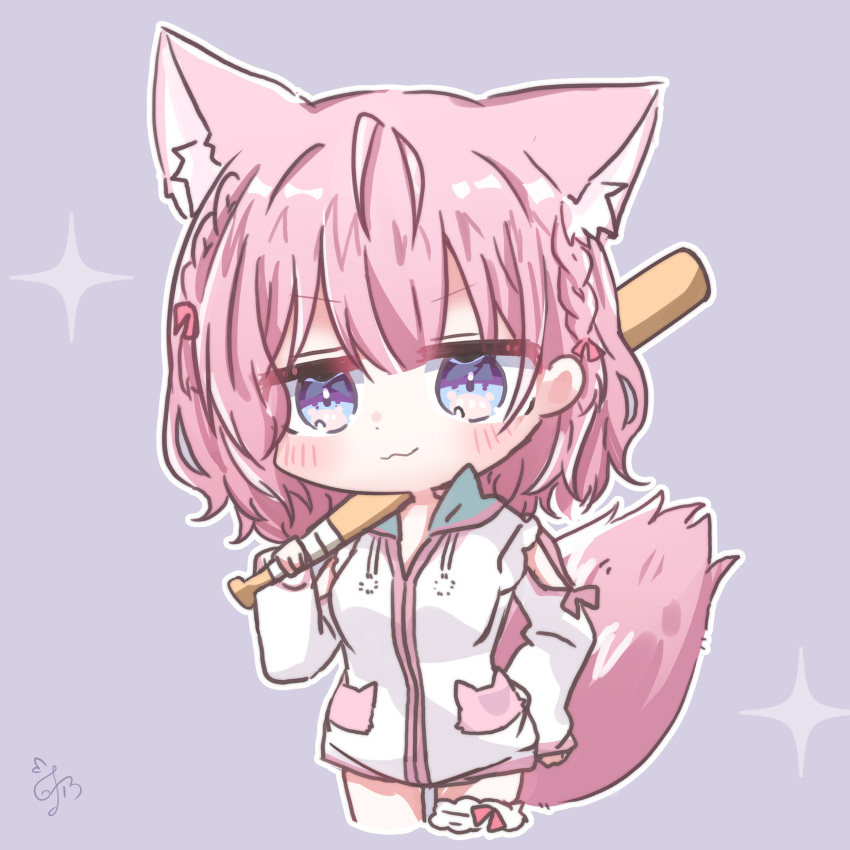 1girl :3 absurdres animal_ear_fluff animal_ears baseball_bat blue_eyes blush braid chibi closed_mouth commentary_request cowboy_shot grey_background hair_between_eyes hakui_koyori hand_on_own_hip hand_up highres holding holding_baseball_bat hololive hood hood_down hooded_jacket jacket long_sleeves looking_at_viewer medium_hair pink_hair signature simple_background smile solo sparkle tail twin_braids utuigawa v-shaped_eyebrows virtual_youtuber white_jacket wolf_ears wolf_tail