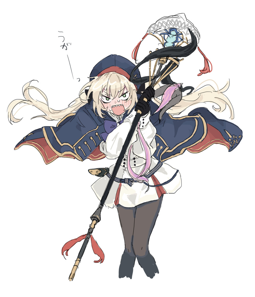 1girl absurdres artoria_caster_(fate) artoria_caster_(second_ascension)_(fate) artoria_pendragon_(fate) black_gloves black_pantyhose blonde_hair blue_bow blue_bowtie blue_headwear blush bow bowtie coat coat_on_shoulders cropped_legs dress fate/grand_order fate_(series) feet_out_of_frame gloves green_eyes highres holding holding_staff kaigan0211 long_hair long_sleeves looking_at_viewer open_mouth pantyhose sharp_teeth simple_background solo staff sweat teeth twintails white_background white_dress