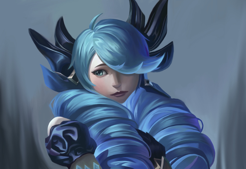 1girl absurdres black_bow bow closed_mouth detached_sleeves drill_hair green_eyes green_hair grey_background gwen_(league_of_legends) hair_bow highres league_of_legends long_hair puffy_short_sleeves puffy_sleeves rosebud short_sleeves solo swept_bangs twin_drills twintails upper_body