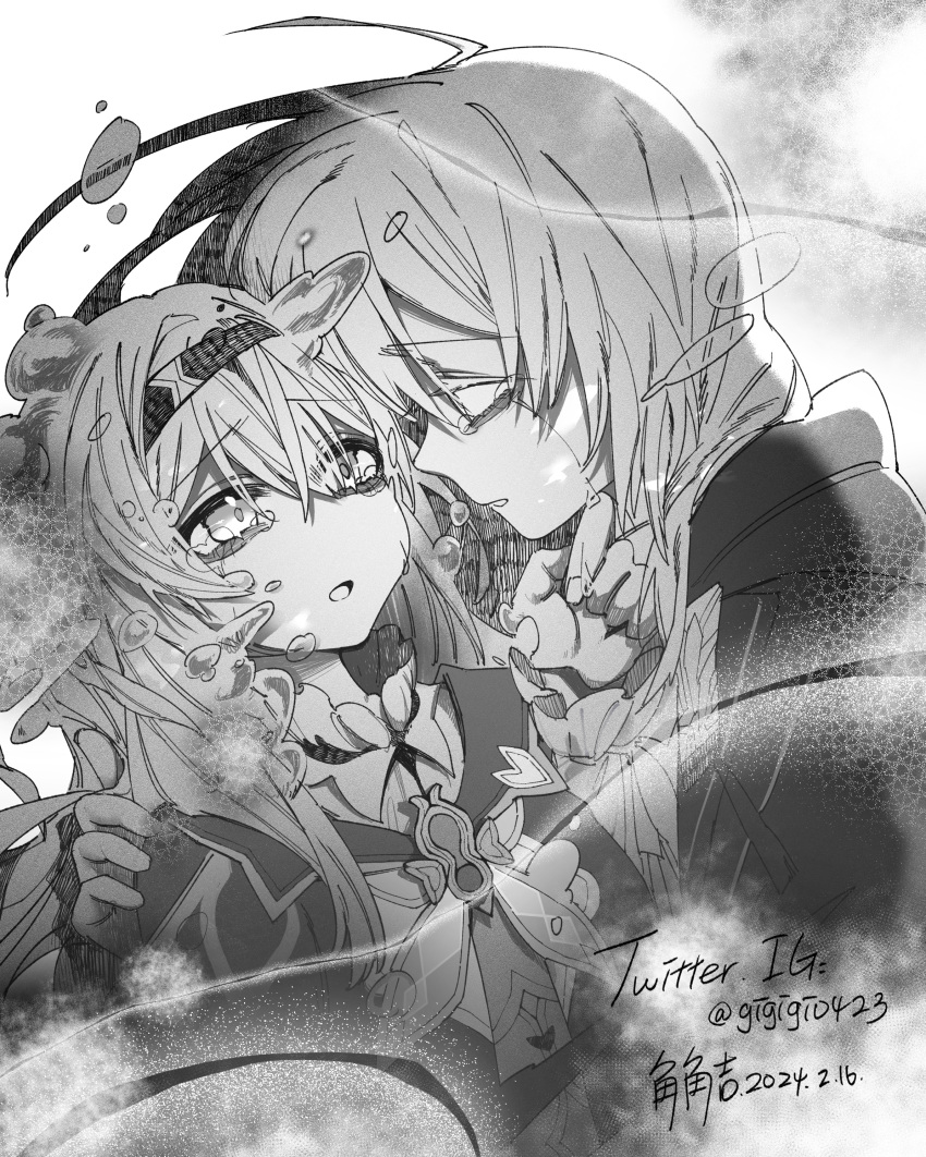 2girls absurdres collared_shirt crossed_bangs crying crying_with_eyes_open dated eye_contact face-to-face firefly_(honkai:_star_rail) greyscale hair_between_eyes hair_intakes hairband highres honkai:_star_rail honkai_(series) hood hood_down hooded_jacket hug jacket long_hair looking_at_another monochrome multiple_girls neckerchief shirt sidelocks spoilers stelle_(honkai:_star_rail) sumi_kichi tears trailblazer_(honkai:_star_rail) twitter_username yuri