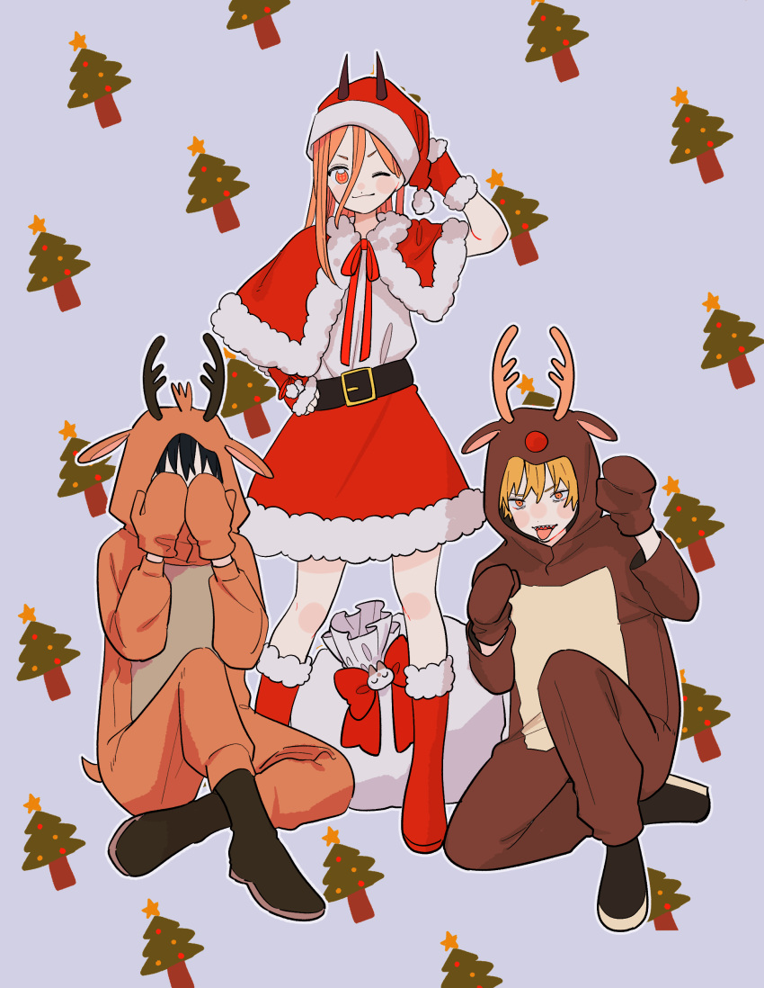1girl 2boys absurdres animal_costume animal_hands arm_behind_head belt black_belt black_hair blonde_hair boots capelet chainsaw_man christmas commentary_request covering_face cross-shaped_pupils denji_(chainsaw_man) fake_antlers fur-trimmed_capelet fur-trimmed_gloves fur-trimmed_skirt fur_trim gloves gurukousu hair_between_eyes hat hayakawa_aki highres horns multiple_boys one_eye_closed orange_eyes patterned_background paw_gloves paw_pose pink_eyes pink_hair power_(chainsaw_man) red_footwear red_gloves reindeer_costume sack santa_costume santa_hat sharp_teeth sitting skirt symbol-shaped_pupils teeth tongue tongue_out