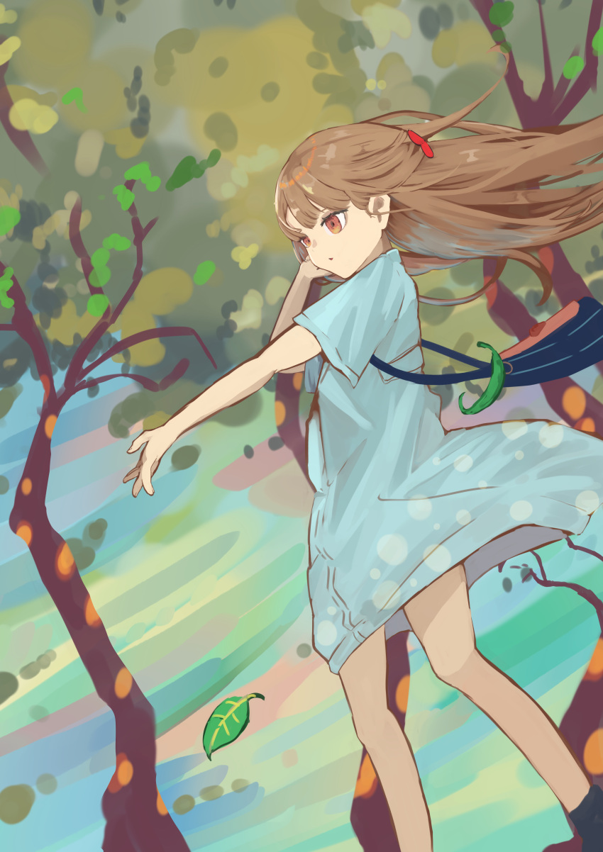 1girl :o absurdres arm_up as_(user_ykgt8787) bag bare_legs black_bag black_footwear blonde_hair blue_dress bow brown_eyes commentary_request day dot_mouth dot_nose dress feet_out_of_frame floating_hair forest from_side hair_between_eyes hair_bow hair_ornament hands_up highres kazekaoru_sora_no_shita leaf long_hair looking_ahead nature open_mouth orange_eyes outdoors outstretched_arm outstretched_hand red_bow scenery short_sleeves shoulder_bag sky solo standing sunlight tree tuyu_(band) wind