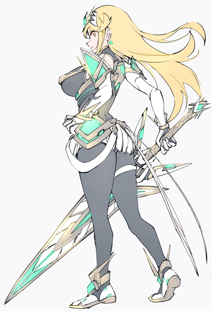 1girl aegis_sword_(xenoblade) arm_guards ass bare_shoulders black_pantyhose blonde_hair breasts chest_jewel dress drop_earrings earrings elbow_gloves gloves hand_on_own_hip highres jewelry large_breasts long_hair microdress mythra_(massive_melee)_(xenoblade) mythra_(xenoblade) neon_trim pantyhose sleeveless sleeveless_dress solo super_smash_bros. swept_bangs tiara ug333333 white_dress white_gloves xenoblade_chronicles_(series) xenoblade_chronicles_2 yellow_eyes