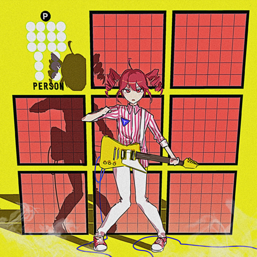 1girl commentary_request drill_hair electric_guitar full_body guitar hakushi_jaco highres holding holding_guitar holding_instrument instrument kasane_teto p-model red_eyes red_footwear redhead shadow shirt shoes sneakers solo striped_clothes striped_shirt twin_drills twintails utau wing_collar