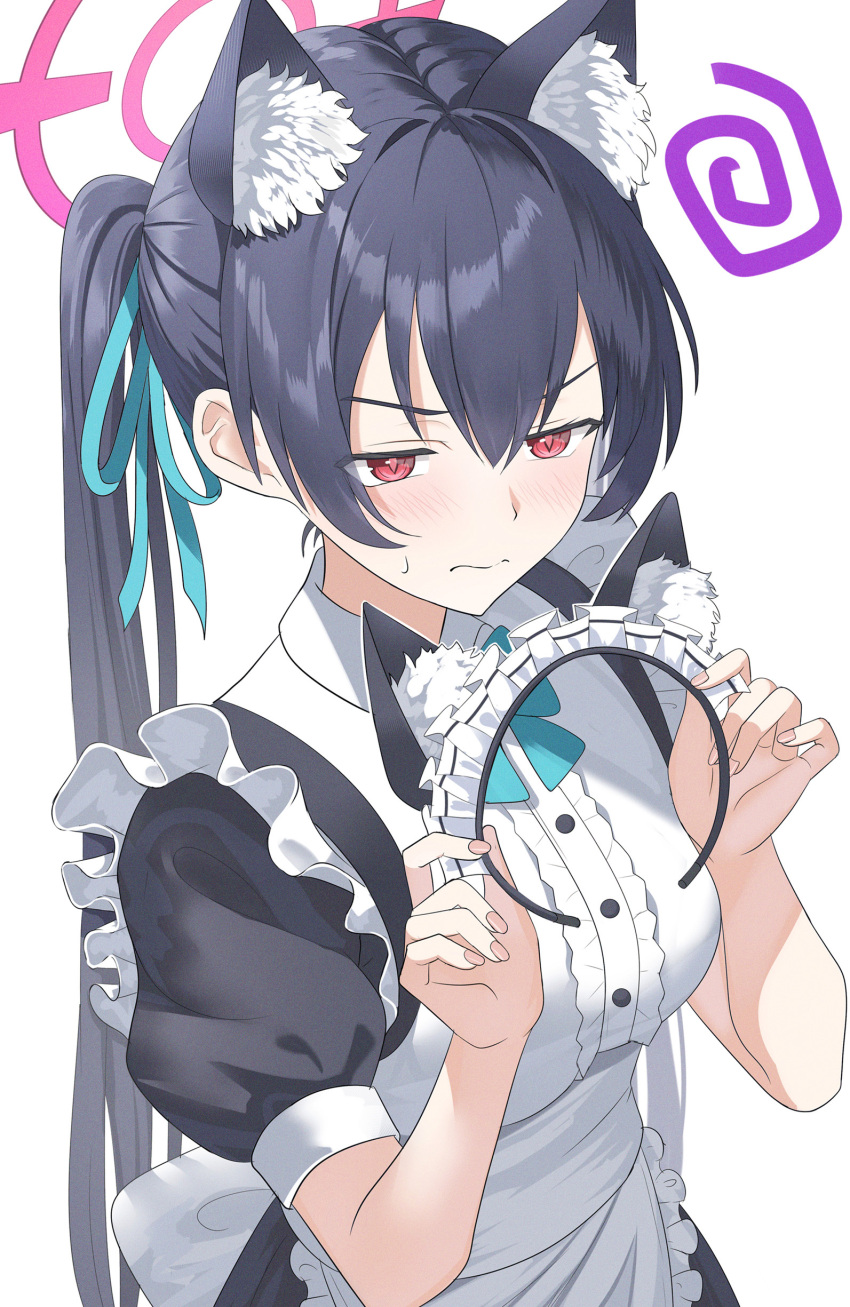 1girl @_(symbol) absurdres alternate_costume animal_ears apron black_hair blue_archive blue_bow blue_bowtie blue_ribbon blush bow bowtie breasts cat_ears cat_girl center_frills closed_mouth collared_shirt cowboy_shot enmaided fake_animal_ears frilled_shirt frills frown hair_between_eyes hair_ribbon halo highres holding_hairband long_hair looking_at_viewer maid maid_headdress medium_breasts ponytail red_eyes ribbon serika_(blue_archive) shirt short_sleeves sidelocks simple_background solo sweatdrop sysen v-shaped_eyebrows waist_apron wavy_mouth white_apron white_background white_shirt