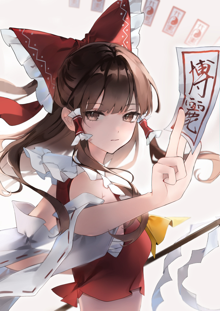 1girl absurdres artustlhanaya_(fleur) ascot bare_shoulders bow brown_eyes brown_hair closed_mouth detached_sleeves hair_bow hair_tubes hakurei_reimu highres japanese_clothes long_hair looking_at_viewer nontraditional_miko ofuda red_bow sidelocks simple_background solo touhou upper_body white_background white_sleeves wide_sleeves yellow_ascot