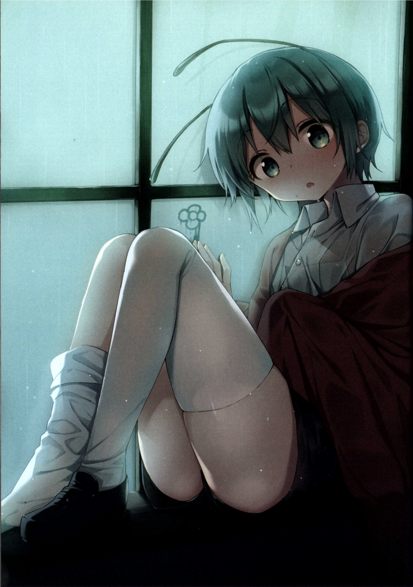 1girl absurdres antennae black_footwear black_shorts blush buttons cape collared_shirt green_eyes green_hair hair_between_eyes hand_up highres indoors long_sleeves looking_at_viewer open_mouth rain red_cape reflection shirt shnva shoes short_hair shorts sitting solo thigh-highs touhou wet wet_clothes white_shirt white_thighhighs window wriggle_nightbug