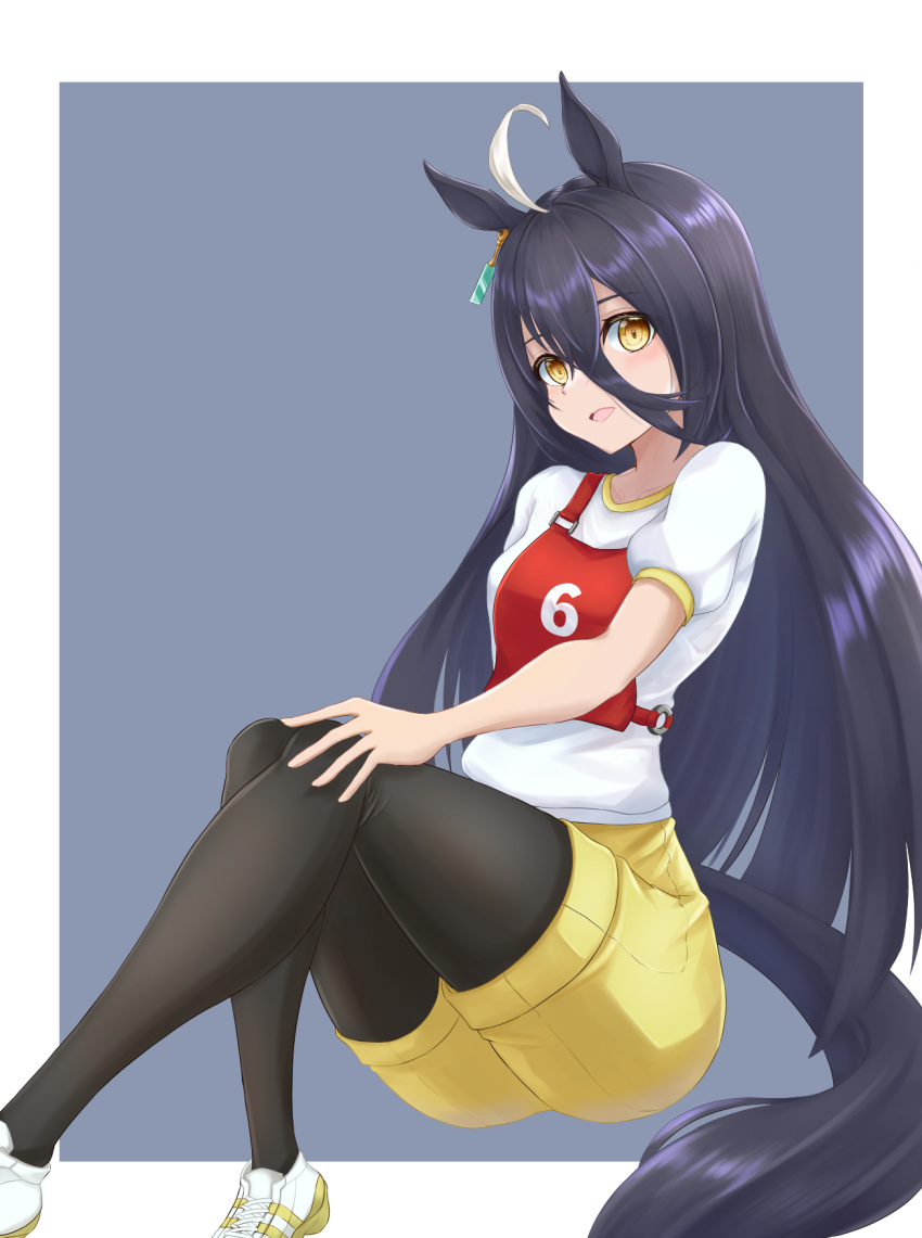 1girl ahoge animal_ears black_hair black_pantyhose blue_background commentary earrings hair_between_eyes hand_on_own_knee highres horse_ears horse_girl horse_tail invisible_chair jewelry kemuri_(etep3372) long_bangs long_hair looking_at_viewer manhattan_cafe_(umamusume) open_mouth pantyhose pantyhose_under_shorts race_bib shirt shoes short_sleeves shorts single_earring sitting smile sneakers solo straight_hair t-shirt tail umamusume white_hair white_shirt yellow_eyes yellow_footwear yellow_shorts