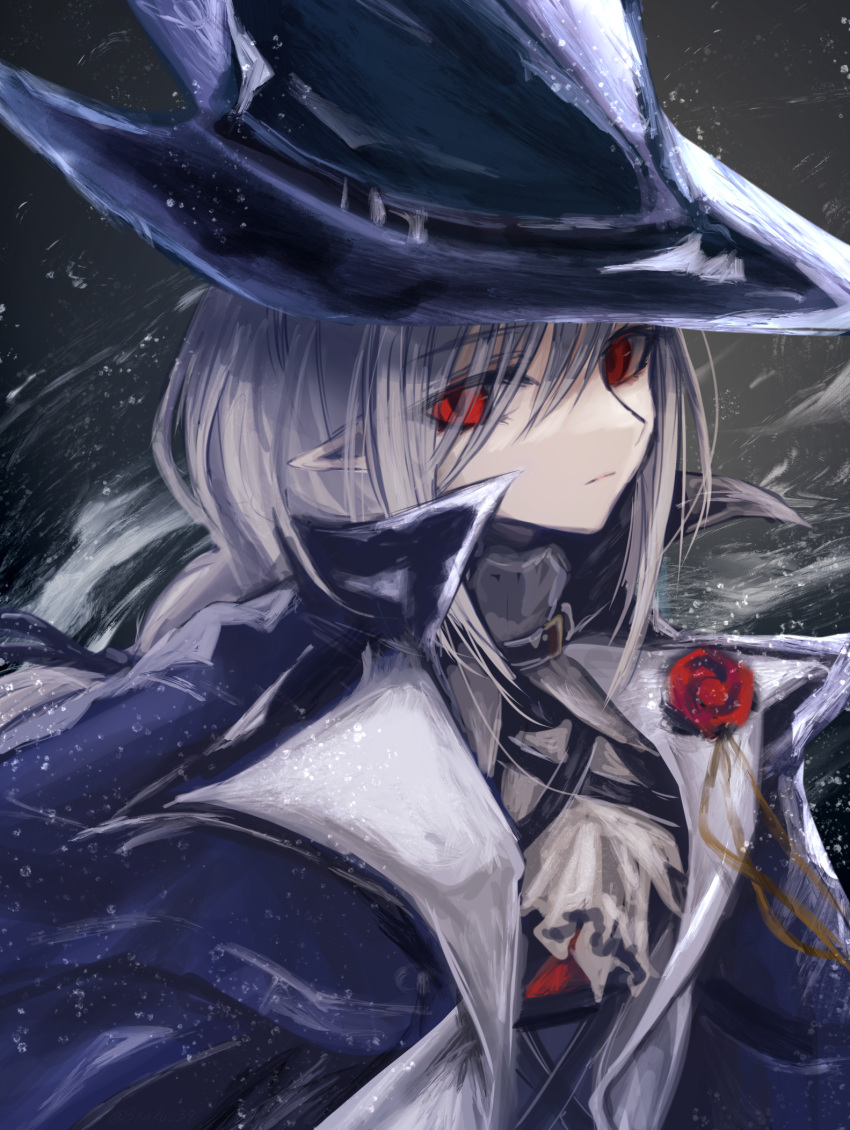 1girl 3_(sanyako1) arknights black_cloak black_headwear cloak closed_mouth commentary expressionless eyes_visible_through_hair flower gladiia_(arknights) grey_hair hair_between_eyes hat high_collar highres looking_at_viewer medium_hair one-hour_drawing_challenge open_cloak open_clothes pointy_ears rain red_eyes red_flower red_rose rose solo upper_body