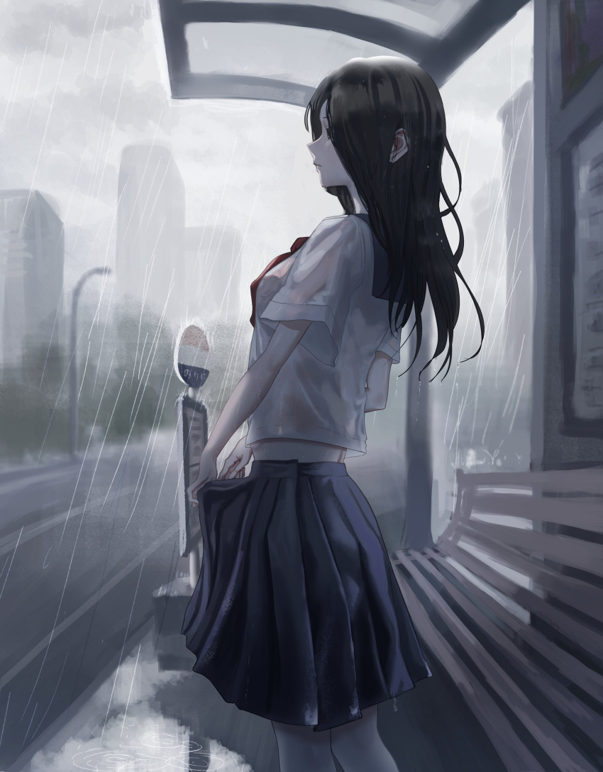 1girl absurdres bell black_eyes black_hair black_skirt blurry blurry_background building bus_stop closed_mouth clothes_lift cowbell dripping expressionless from_side highres kyano_(kyanora3141) lamppost lifted_by_self long_hair midriff necktie original pleated_skirt puddle rain red_necktie school_uniform see-through see-through_shirt shirt skirt skirt_lift skyscraper solo taking_shelter water wet wet_clothes white_shirt wooden_bench