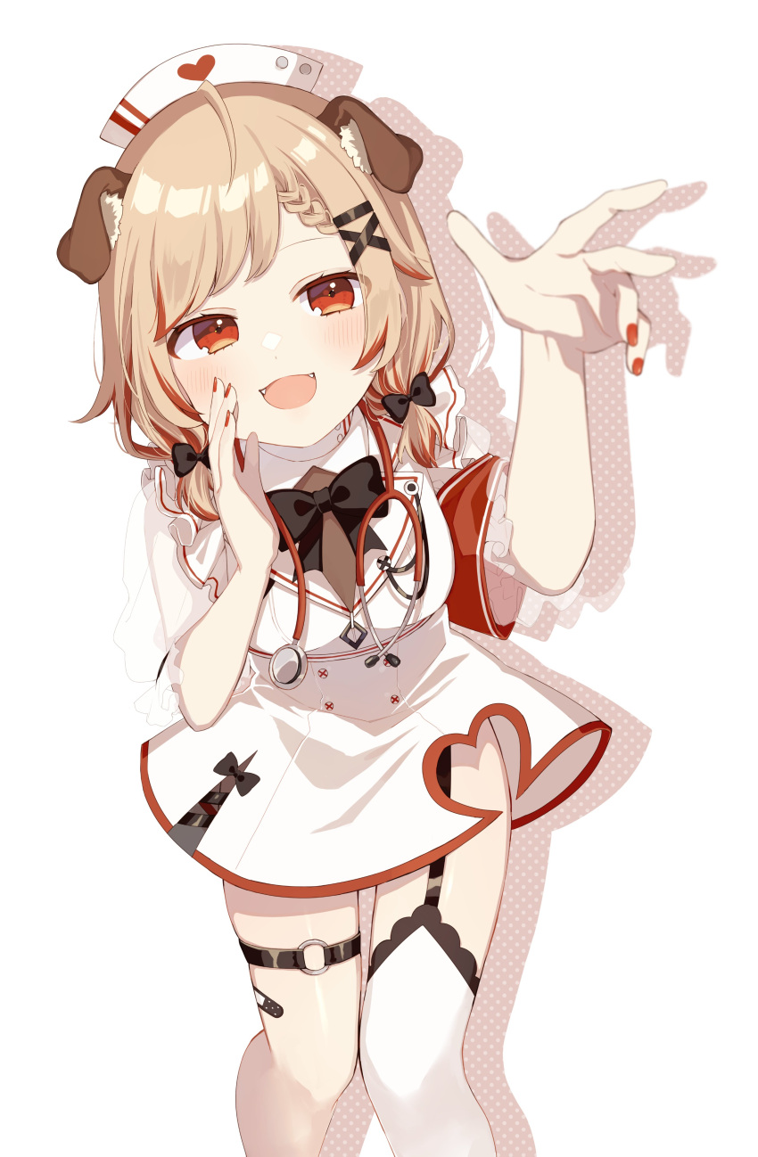 1girl :d absurdres animal_ear_fluff animal_ears arm_up black_bow bow breasts brown_hair dog_ears dress drop_shadow fangs garter_straps hair_bow hat highres low_twintails medium_breasts multicolored_hair nail_polish nanashi_inc. nurse nurse_cap red_eyes red_nails redhead seshima_rui short_twintails single_thighhigh smile sofra solo stethoscope streaked_hair thigh-highs twintails virtual_youtuber white_background white_dress white_headwear white_thighhighs