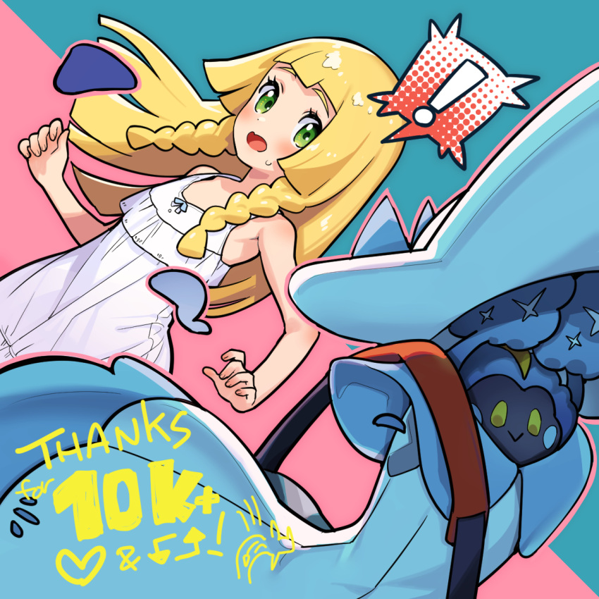 ! 1girl :&gt; blonde_hair blush braid closed_mouth clothed_pokemon cosmog dress eyelashes green_eyes highres kinocopro lillie_(pokemon) long_hair looking_to_the_side milestone_celebration open_mouth pokemon pokemon_(creature) pokemon_usum sleeveless sleeveless_dress smile spoken_exclamation_mark strap sweatdrop thank_you twin_braids two-tone_background white_dress yellow_eyes