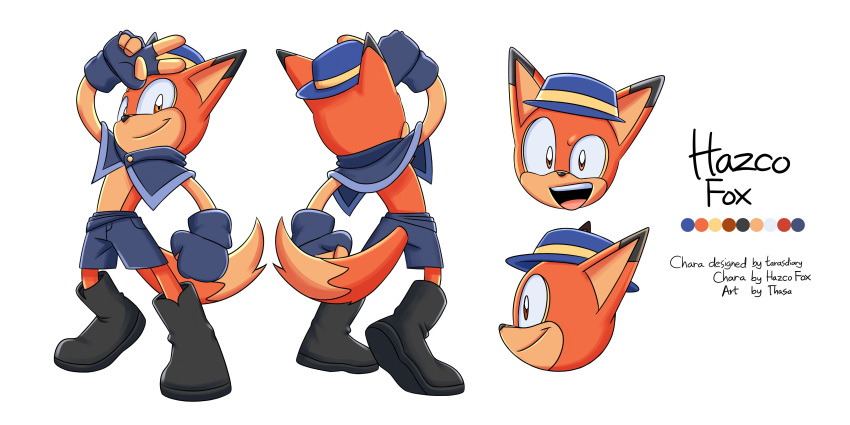 1boy :d absurdres animal_ears black_footwear blue_capelet blue_headwear blue_shorts boots capelet character_name english_commentary fox fox_ears fox_tail furry furry_male hat hazco_fox highres multiple_views official_art orange_eyes reference_sheet second-party_source shorts smile tail teeth thasa tongue upper_teeth_only v vip_virtual_players virtual_youtuber