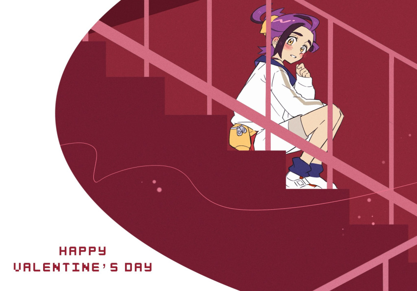 1boy blue_socks blush commentary_request from_side grin hand_up happy_valentine highres jacket kieran_(pokemon) long_sleeves looking_down male_focus multicolored_hair nai_gai_hongcha pokemon pokemon_sv purple_hair shoes shorts sitting sitting_on_stairs smile socks solo stairs teeth two-tone_hair white_footwear white_jacket white_shorts yellow_eyes