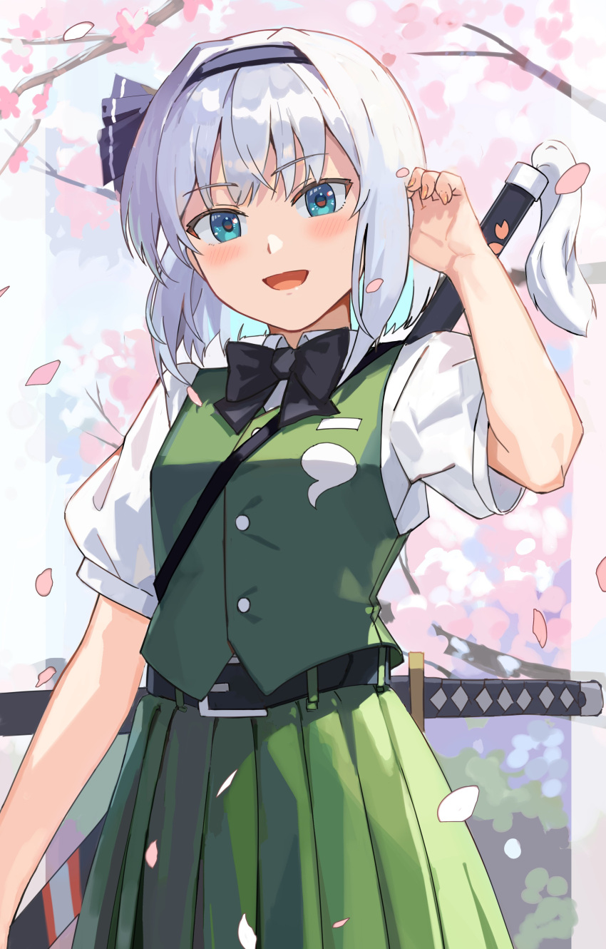 1girl absurdres asuka_shirou belt black_belt black_bow black_bowtie black_hairband black_ribbon blue_eyes blue_hair blue_sky blush border bow bow_hairband bowtie branch breasts bush buttons cherry_blossoms collared_shirt colored_inner_hair day fingernails ghost_print green_skirt green_vest grey_hair hairband hand_up highres hitodama_print katana konpaku_youmu long_fingernails looking_at_viewer medium_breasts multicolored_hair open_mouth outdoors outside_border petals pleated_skirt puffy_short_sleeves puffy_sleeves ribbon shirt short_hair short_sleeves skirt skirt_set sky smile solo standing sword touhou tree vest weapon white_border white_shirt