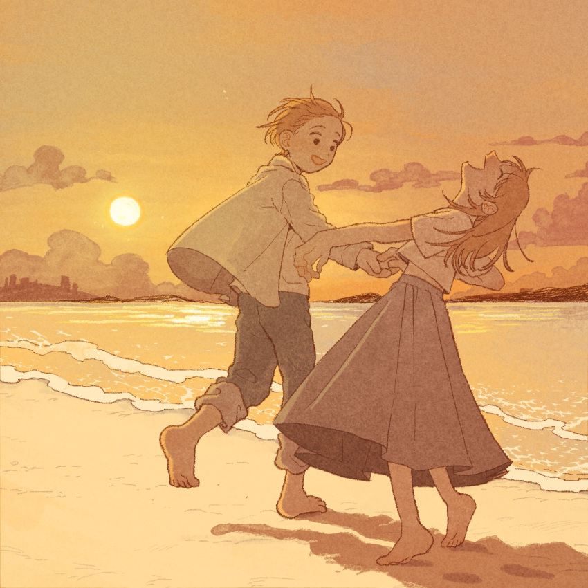 1boy 1girl barefoot blonde_hair closed_eyes clouds evening facing_up film_grain footprints from_behind from_side highres holding_hands layered_clothes long_hair long_sleeves mannerer62 no_sclera ocean open_mouth orange_sky original sand shirt shore short_hair short_sleeves skirt sky skyline smile three_quarter_view white_shirt