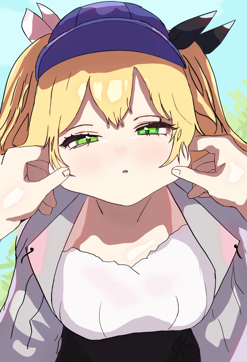 1girl 1other absurdres blonde_hair blue_headwear cheek_pinching dokibird_(vtuber) english_commentary green_eyes grey_jacket hat highres indie_virtual_youtuber jacket looking_at_viewer napat open_clothes open_jacket parted_lips pinching pov shirt solo_focus twintails upper_body white_shirt