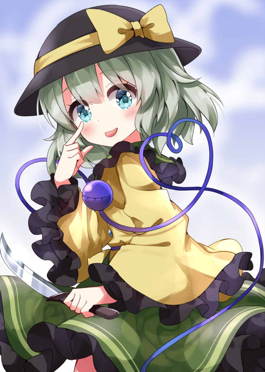 1girl :p black_headwear blue_eyes blush bow buttons commentary_request diamond_button eyeball frilled_shirt_collar frilled_sleeves frills green_hair green_skirt hat hat_bow heart heart_of_string highres holding holding_knife knife komeiji_koishi long_sleeves looking_at_viewer medium_hair ruu_(tksymkw) shirt skirt solo third_eye tongue tongue_out touhou wide_sleeves yellow_bow yellow_shirt