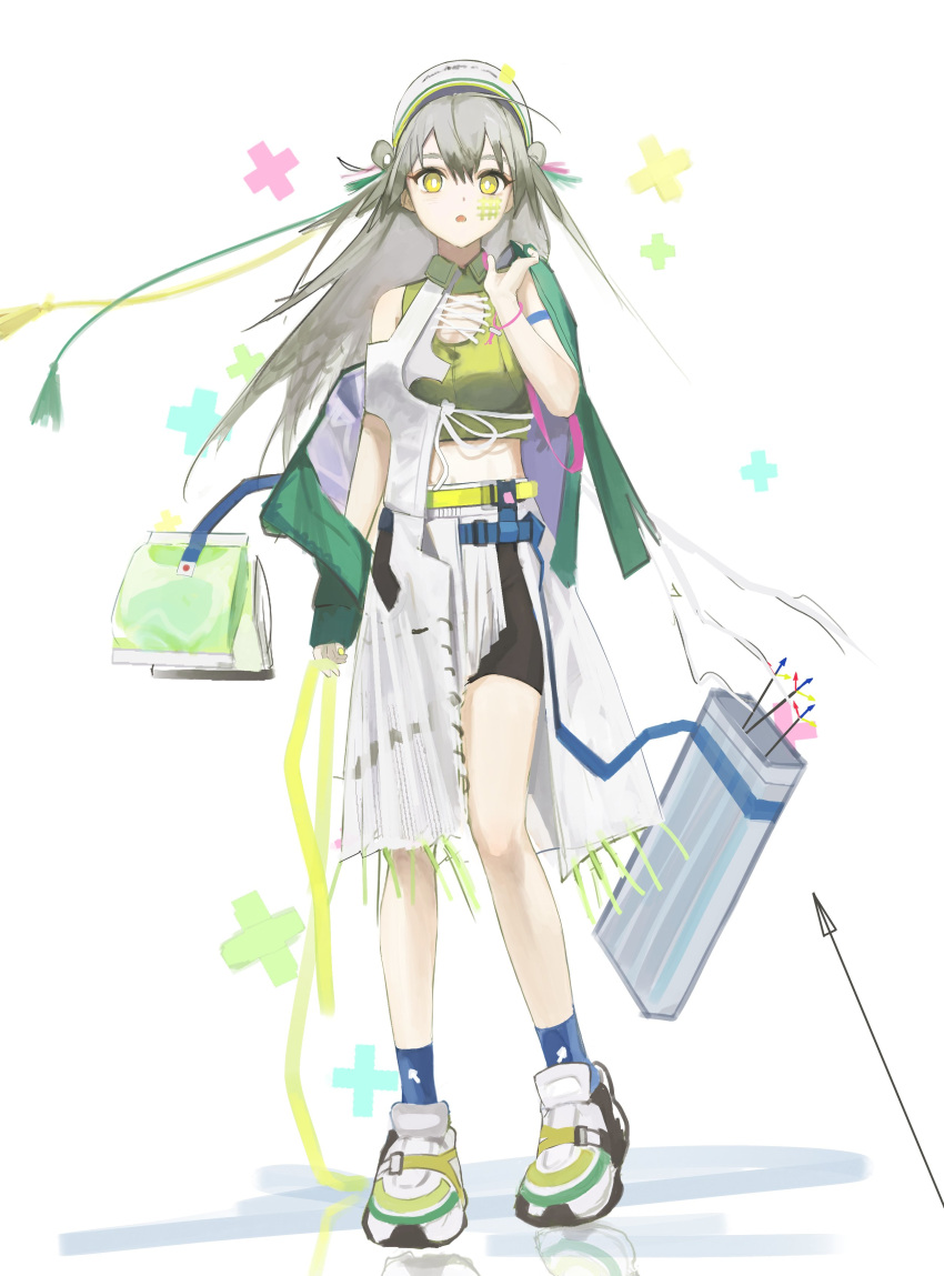 1girl absurdres arknights arrow_(projectile) bag black_shorts blue_socks bright_pupils commentary facepaint fartooth_(arknights) fartooth_(hear_the_wind_sing)_(arknights) full_body green_jacket green_tank_top hand_up highres jacket light_brown_hair long_hair mikeneko90 official_alternate_costume quiver reflection shadow shoes shorts shorts_under_skirt simple_background skirt sneakers socks solo tank_top white_background white_headwear white_pupils white_skirt yellow_eyes