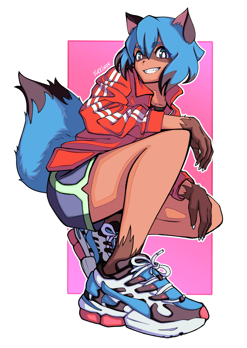 1girl animal_ears animal_nose blue_hair body_fur brand_new_animal brown_fur dolphin_shorts furry furry_female highres jacket kagemori_michiru looking_at_viewer multicolored_hair raccoon_ears raccoon_girl raccoon_nose raccoon_tail red_jacket shoes short_hair shorts signature simple_background smile sneakers solo tail tanuki theyukkinon track_jacket