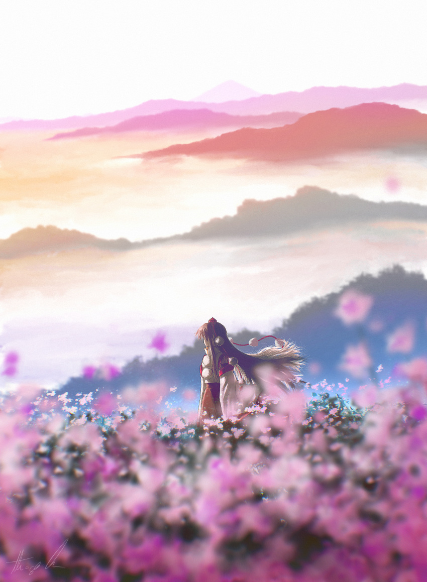 1girl above_clouds absurdres alternate_hair_color alternate_hair_length alternate_hairstyle alternate_universe black_skirt blurry blurry_foreground brown_hair clouds cloudy_sky commentary cosmos_(flower) detached_sleeves dusk facing_to_the_side floating_hair flower hat highres inubashiri_momiji landscape long_hair long_skirt mixed-language_commentary mountain mountainous_horizon no_animal_ears oubachiago outdoors pink_flower plant pom_pom_(clothes) red_headwear scenery shirt signature skirt sky solo standing tokin_hat touhou very_long_hair white_shirt wide_shot wide_sleeves