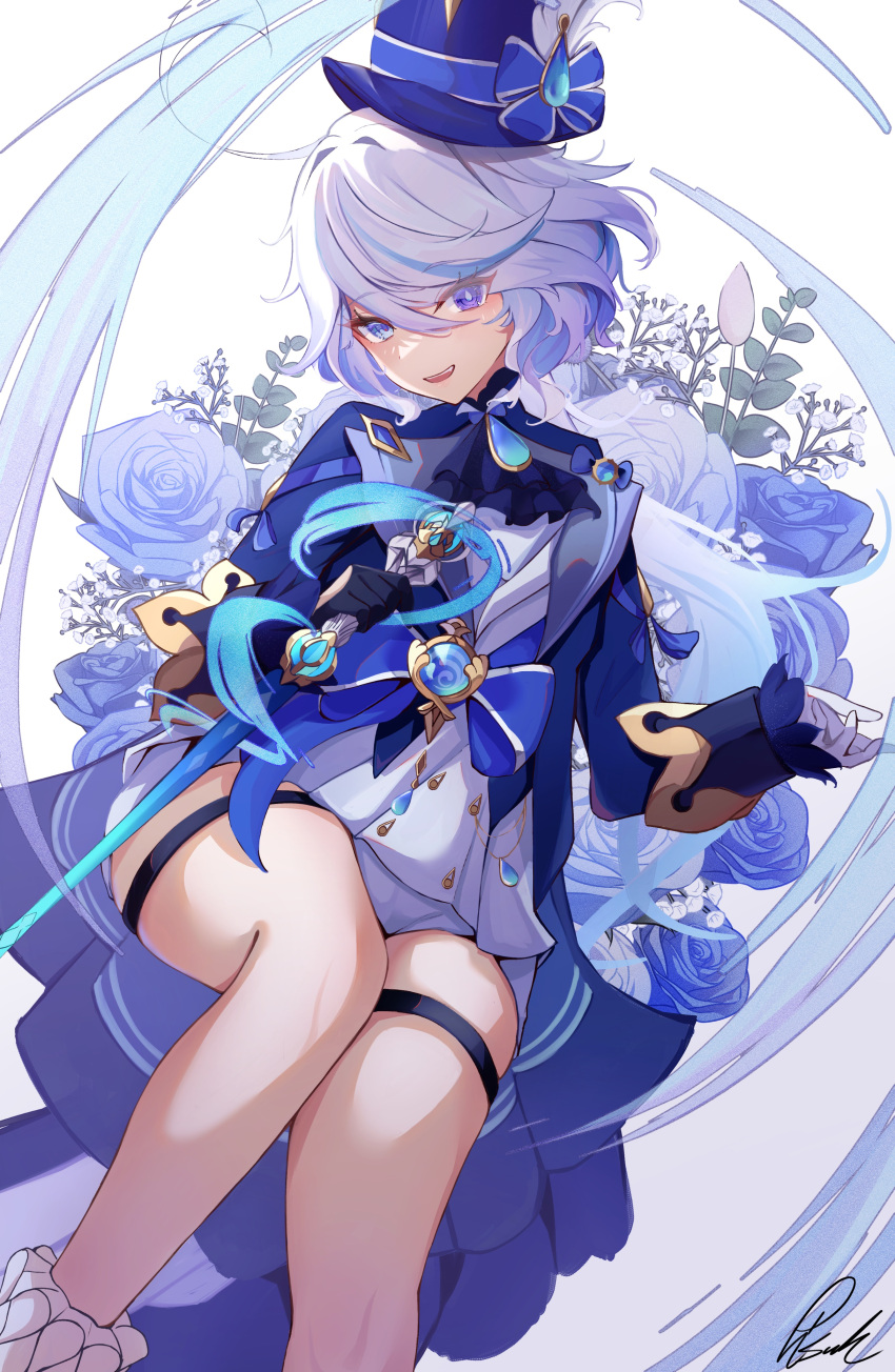 1girl absurdres ahoge artist_name ascot asymmetrical_gloves black_gloves blue_ascot blue_bow blue_eyes blue_flower blue_gemstone blue_hair blue_headwear blue_jacket blue_rose blue_shirt bow branch buttons collared_jacket drop-shaped_pupils eyes_visible_through_hair feathers feet_out_of_frame flower furina_(genshin_impact) gem genshin_impact gloves gold_trim gradient_hair grey_hair hair_between_eyes hat hat_bow hat_feather hat_ornament heterochromia highres holding holding_sword holding_weapon jacket leaf long_hair long_sleeves looking_at_viewer mismatched_gloves mismatched_pupils multicolored_hair open_clothes open_jacket open_mouth pink_flower pisuke_(user_kcmh2774) rose shirt shorts sidelocks simple_background sitting smile socks solo sword symbol-shaped_pupils teeth thigh_strap top_hat two-tone_hair vest violet_eyes vision_(genshin_impact) weapon white_background white_gloves white_shorts white_socks white_vest