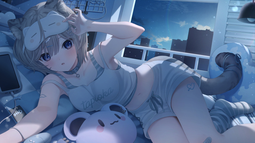 1girl animal_ears bandaid bandaid_on_knee bandaid_on_leg bed blue_eyes borrowed_character breasts camisole cat_ears cat_girl cat_tail collar crop_top fang grey_hair highres jimmy_madomagi lying medium_breasts navel on_bed on_side open_window original short_hair short_shorts shorts sleep_mask stomach tail white_camisole white_shorts window