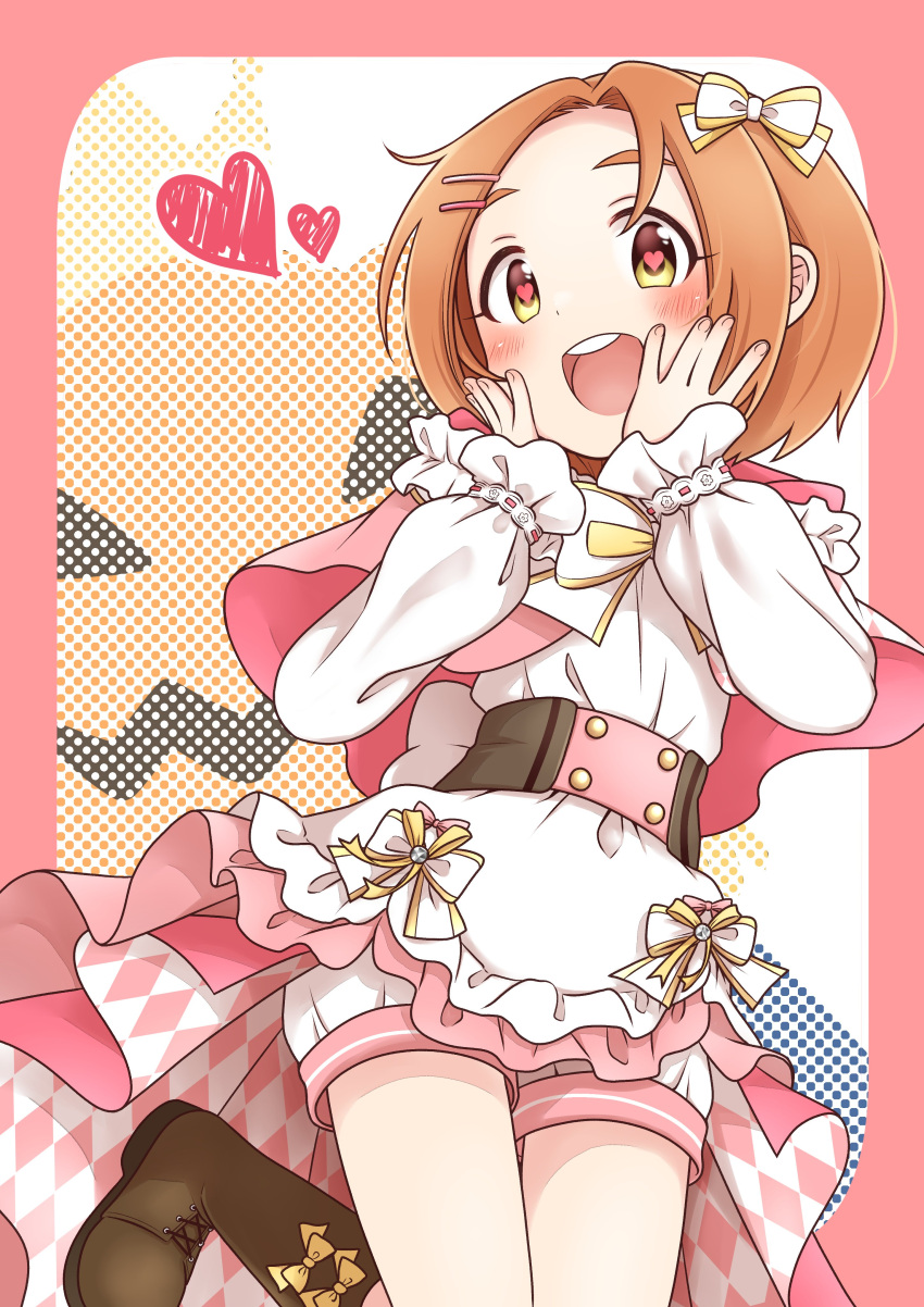 1girl absurdres blush boots bow bowtie brown_corset brown_footwear brown_hair capelet corset cowboy_shot dot_nose flat_chest hair_bow hair_ornament hair_ribbon hairclip hands_on_own_cheeks hands_on_own_face hands_up heart heart_in_eye highres idolmaster idolmaster_cinderella_girls idolmaster_cinderella_girls_starlight_stage jack-o'-lantern knee_boots leg_up long_sleeves looking_at_viewer maka073 open_mouth pink_background pink_capelet pink_overskirt pink_trim polka_dot polka_dot_background ribbon ryuzaki_kaoru short_hair shorts smile solo standing standing_on_one_leg symbol_in_eye teeth thick_eyebrows upper_teeth_only white_bow white_bowtie white_ribbon white_shorts yellow_eyes yellow_ribbon